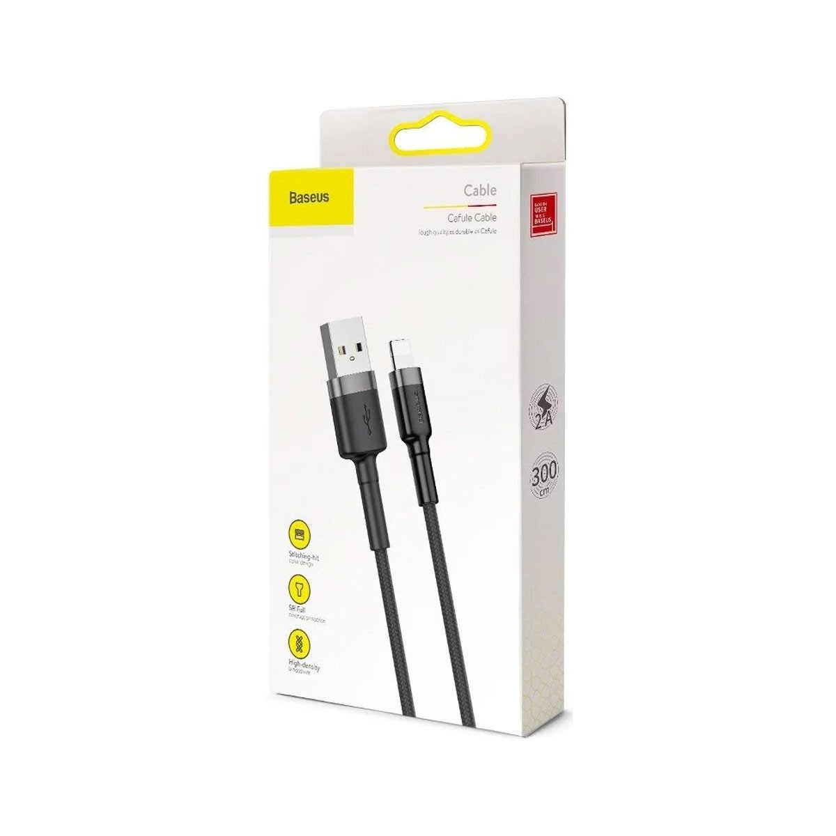 Biało-czarne pudełko na kabel. Kabel jest czarny z czerwonymi akcentami.