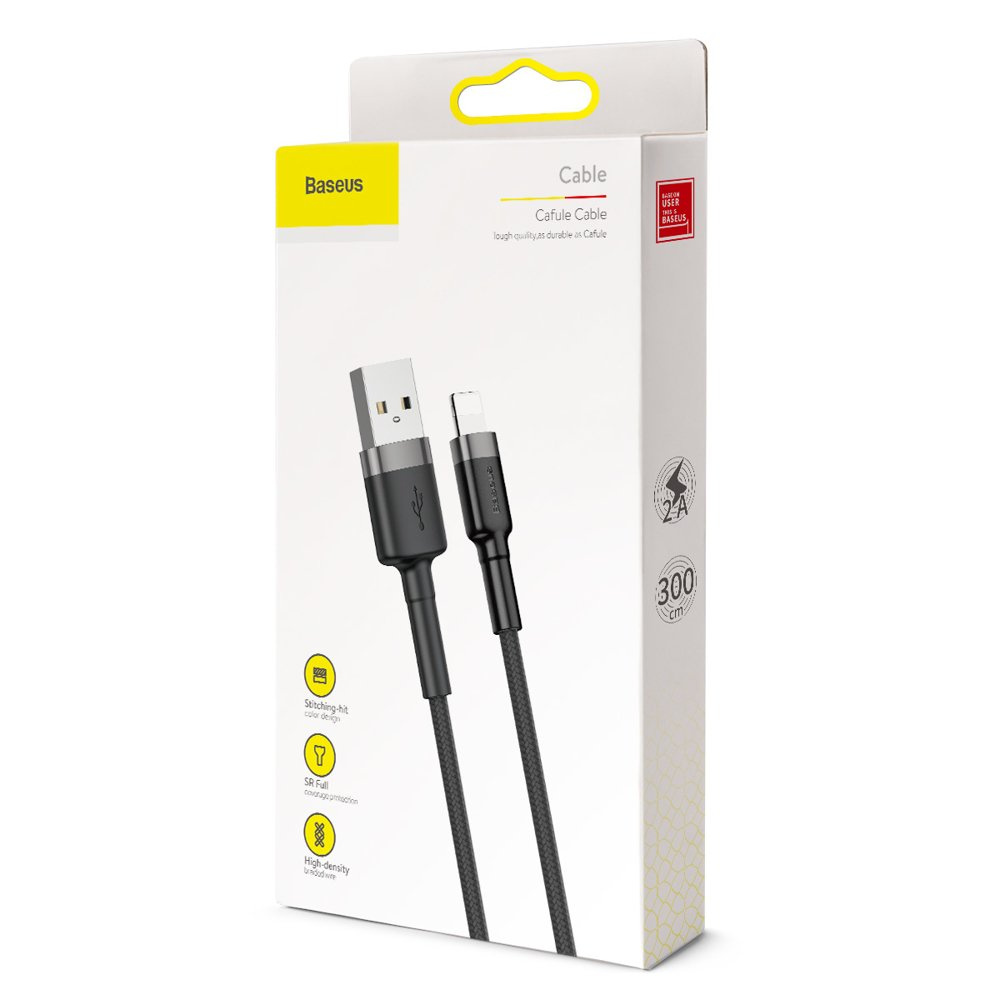 Biało-żółte pudełko na kabel Baseus. Wyświetla czarny kabel USB do Lightning i szczegóły produktu.