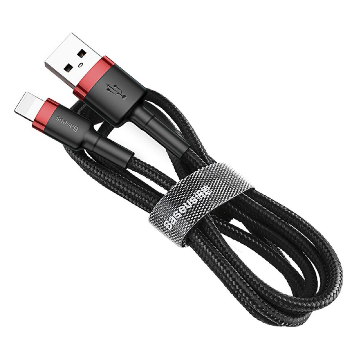 Czarny kabel USB z czerwonymi akcentami, związany opaską. Zbliżenie.