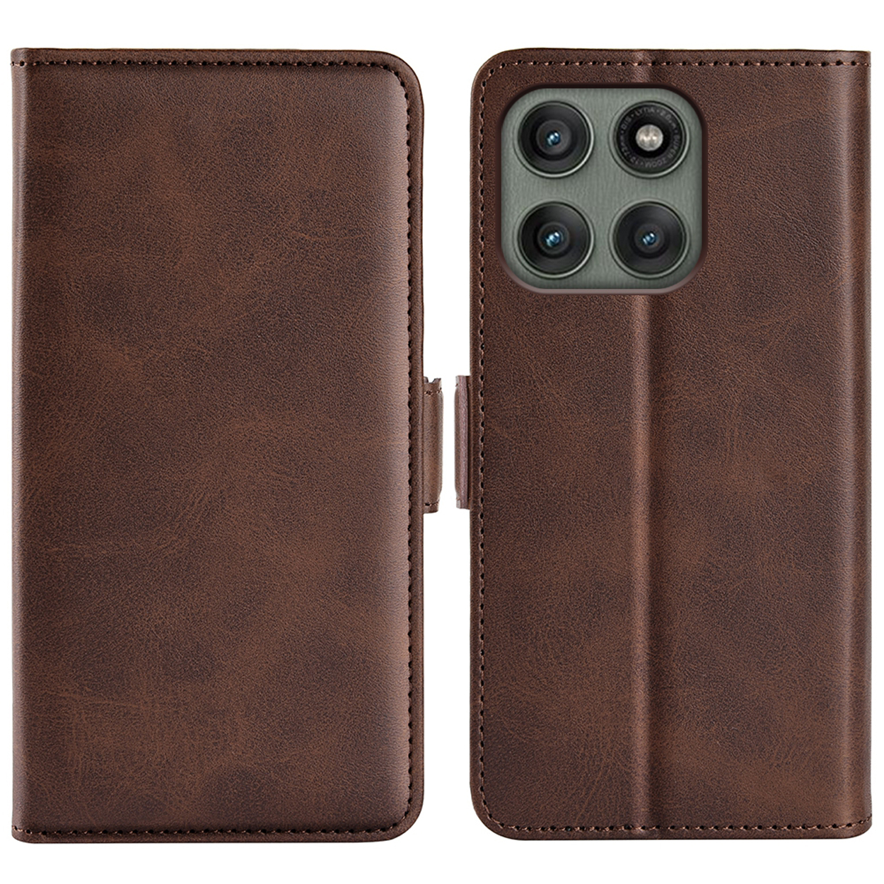 Étui de téléphone en cuir marron, fermé. Le dos montre les lentilles de la caméra.