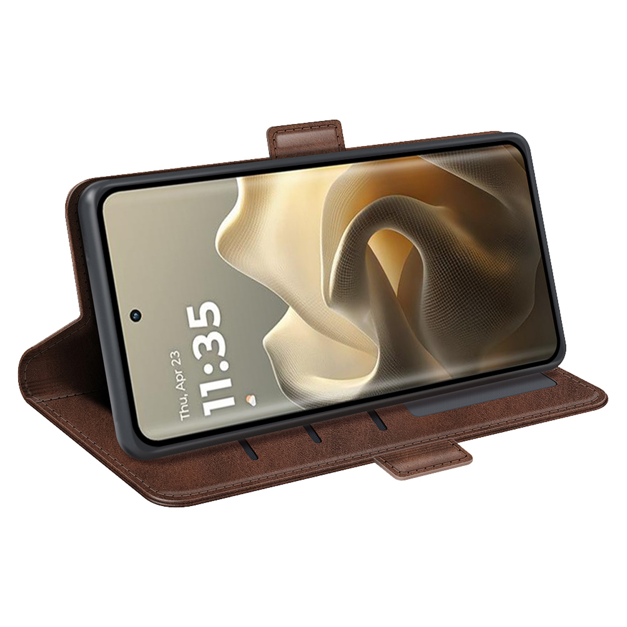 Étui de téléphone en cuir marron avec un téléphone à l'intérieur. L'heure.