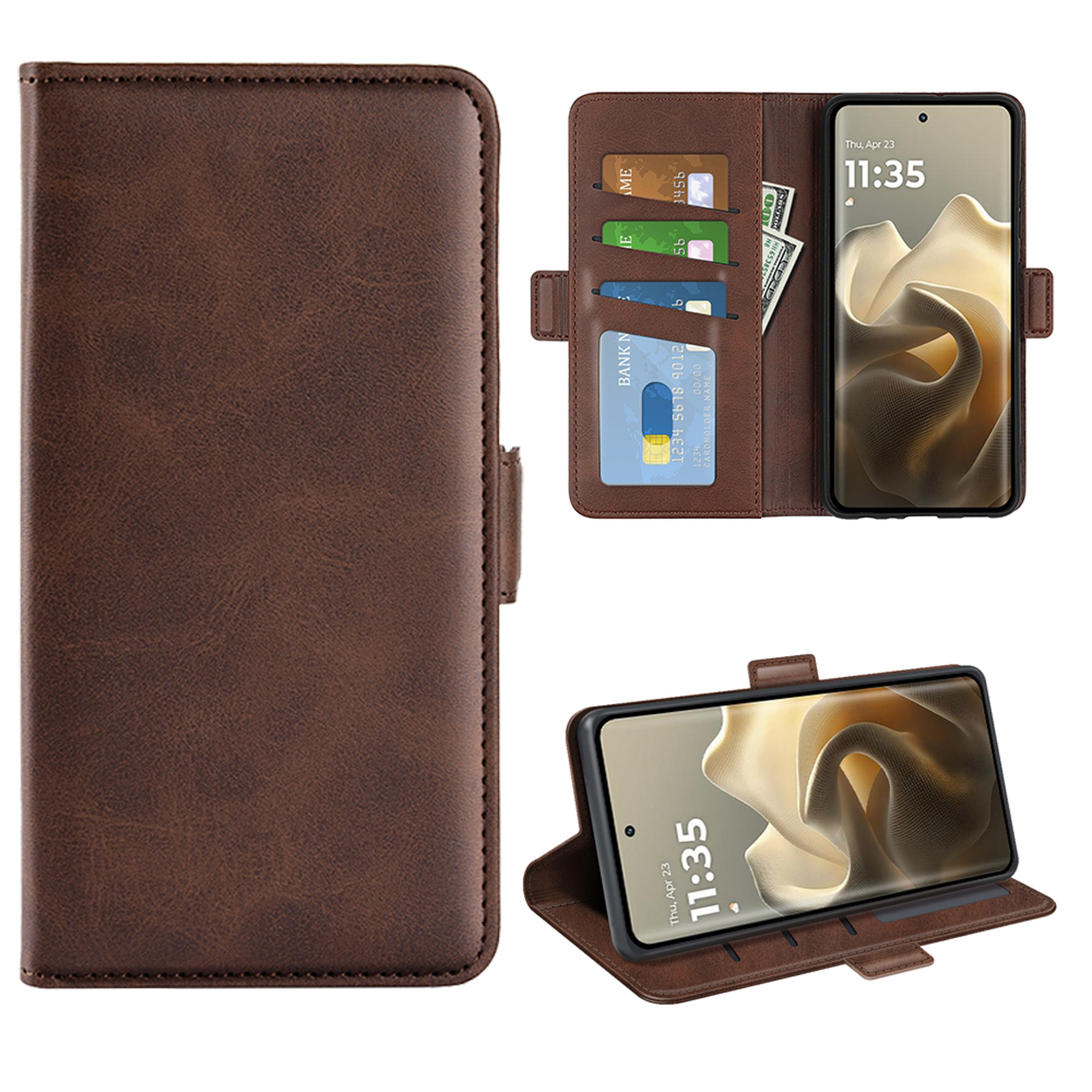 Étui de téléphone en cuir marron avec téléphone. L'étui a des fentes pour cartes.