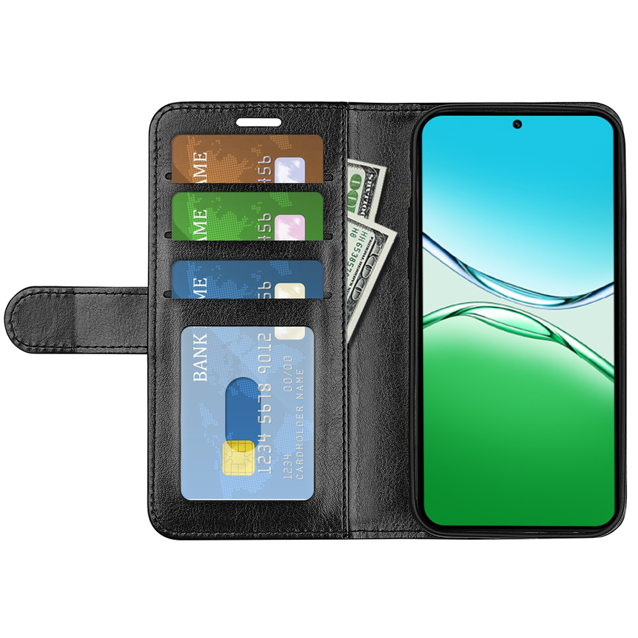 Open zwarte portemonnee met kaarten, geld en een telefoon met groen en blauw beeld.