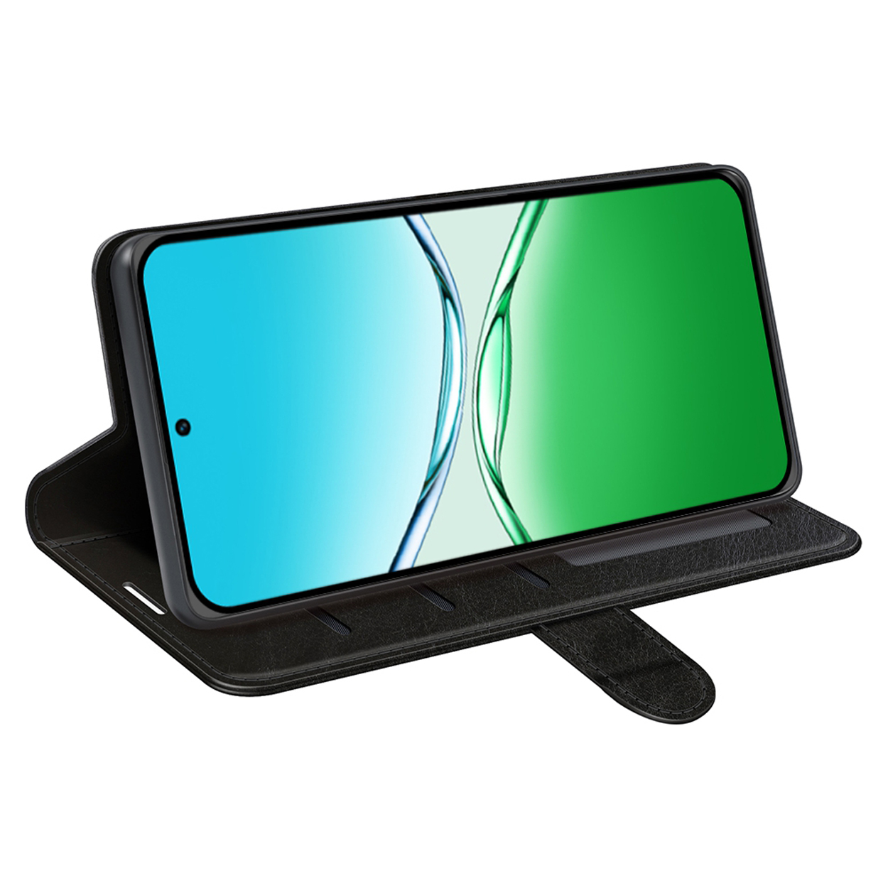 Zwarte telefoon in een zwarte leren hoes, scherm aan, met blauwe en groene abstracte achtergrond.