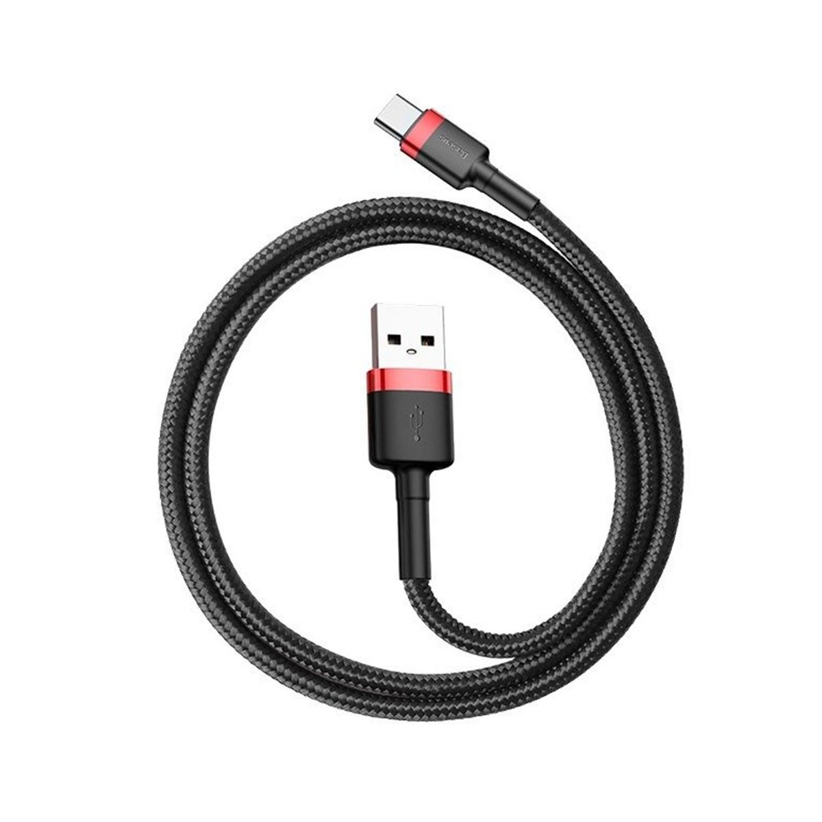 Czarny kabel USB-C z czerwonymi akcentami, zwinięty, ze złączem USB-A i USB-C.