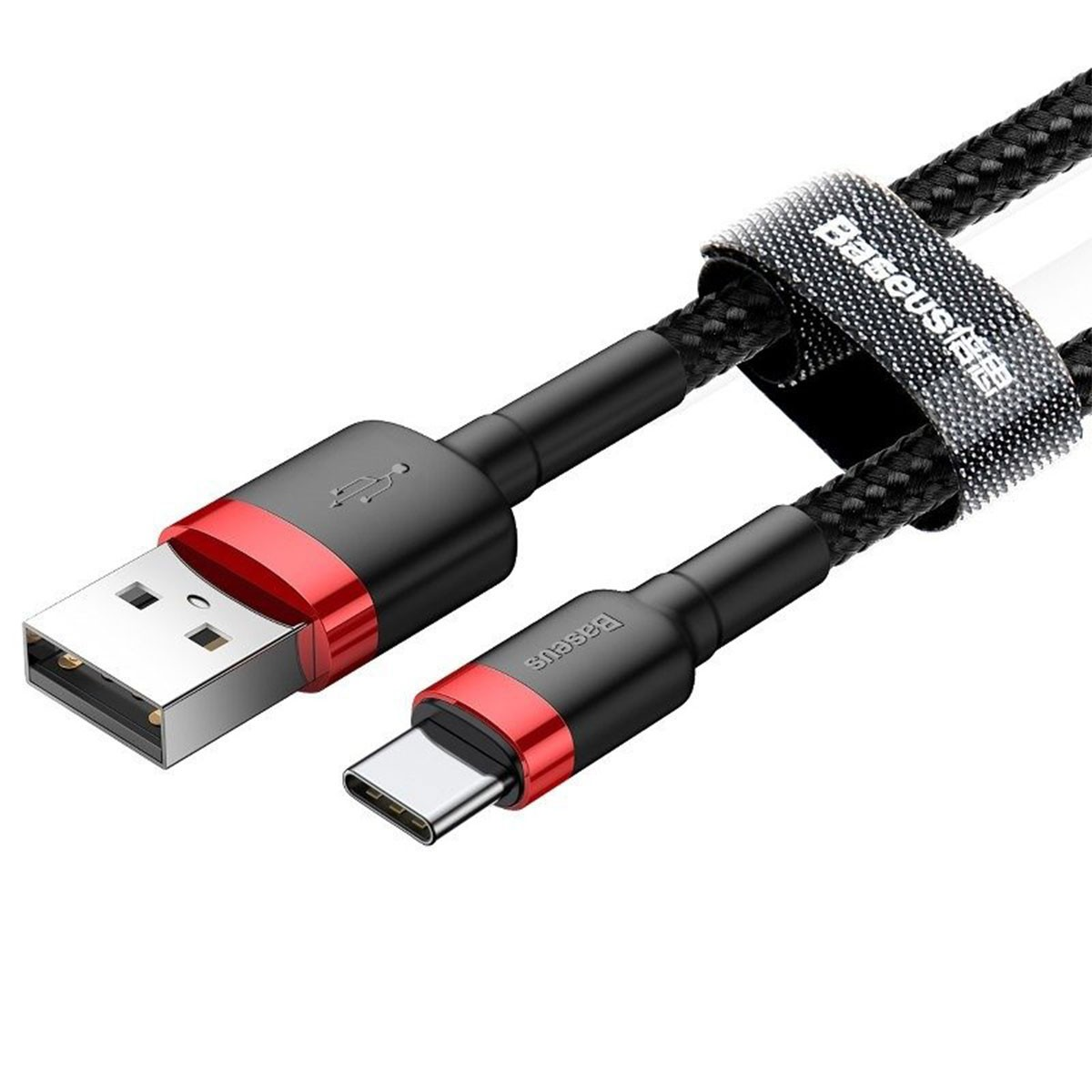 Czarny kabel USB z czerwonymi akcentami i złączem USB-A do USB-C.
