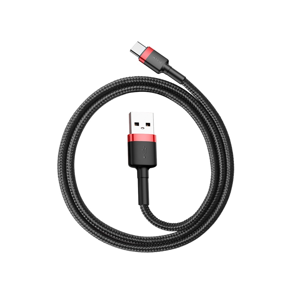 Czarny kabel USB-C z czerwonymi akcentami, zwinięty, ze złączem USB-A i USB-C.