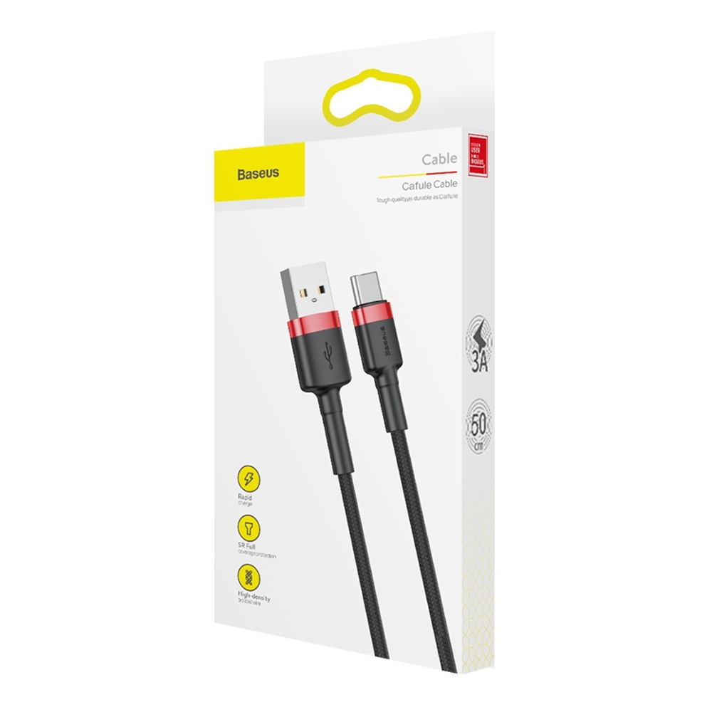 Kabel USB-C w opakowaniu. Kabel jest czarny z czerwonymi akcentami. Pudełko jest białe.
