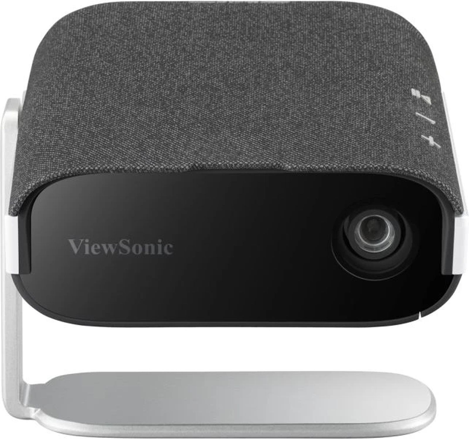 Czarny projektor ViewSonic na statywie, widok z przodu. Marka i przyciski widoczne.