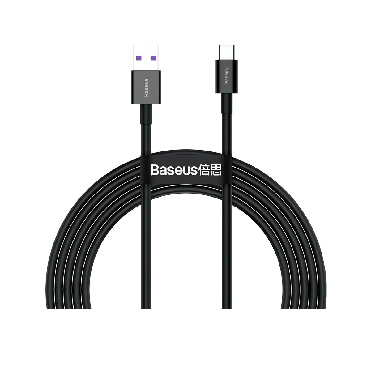 Czarny kabel USB-C Baseus z portem USB i portem USB-C, zakrzywiony. Widoczna jest również nazwa marki.