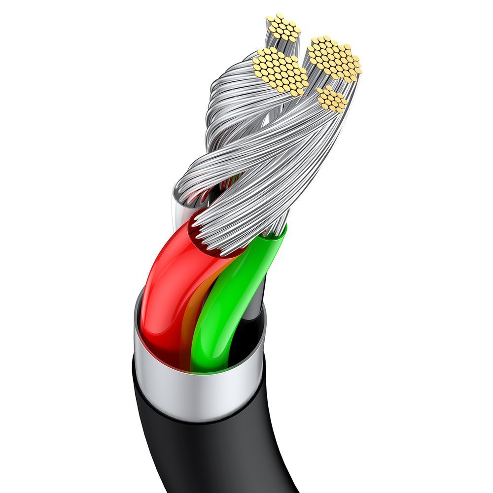 Przecięty kabel USB pokazujący wewnętrzne przewody, czerwone, zielone, srebrne i żółte. Kabel jest czarny.