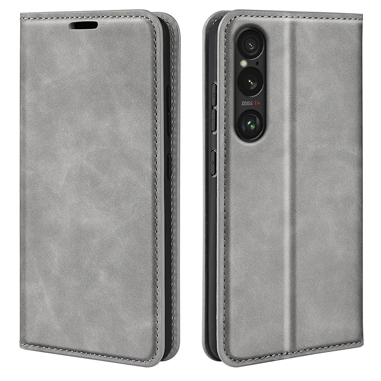 Un étui de téléphone en cuir gris. L'étui du téléphone est fermé d'un côté et ouvert de l'autre, révélant l'appareil photo.
