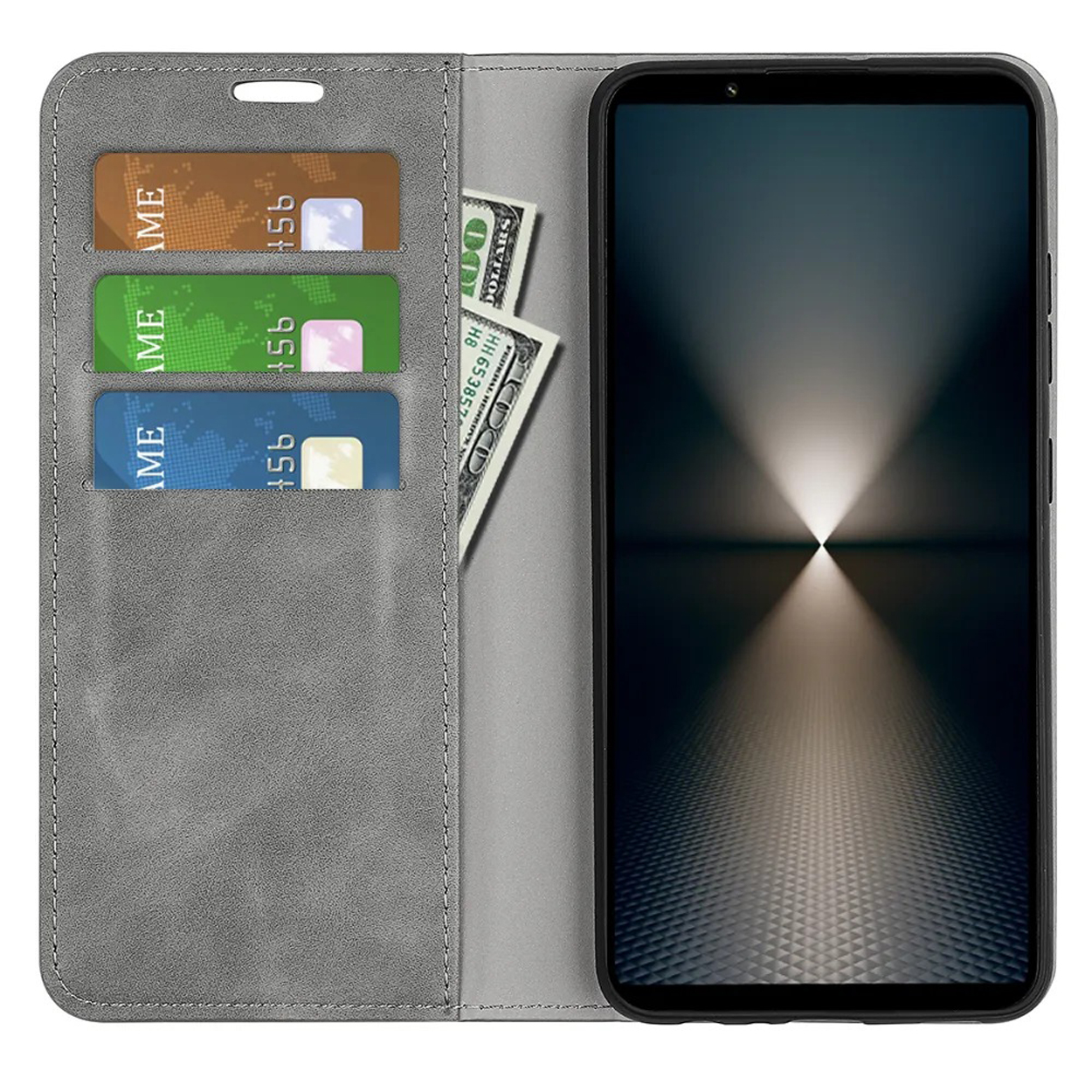 Étui de téléphone gris ouvert, montrant des cartes et l'écran du téléphone. Le téléphone est affiché.