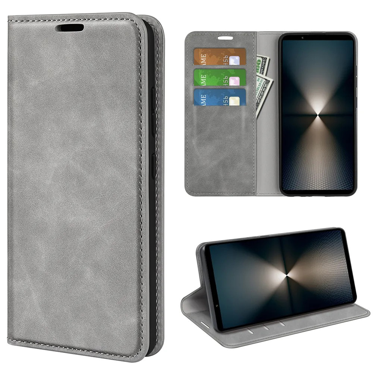 Étui de téléphone gris, ouvert montrant des cartes et un téléphone. Le téléphone est affiché.