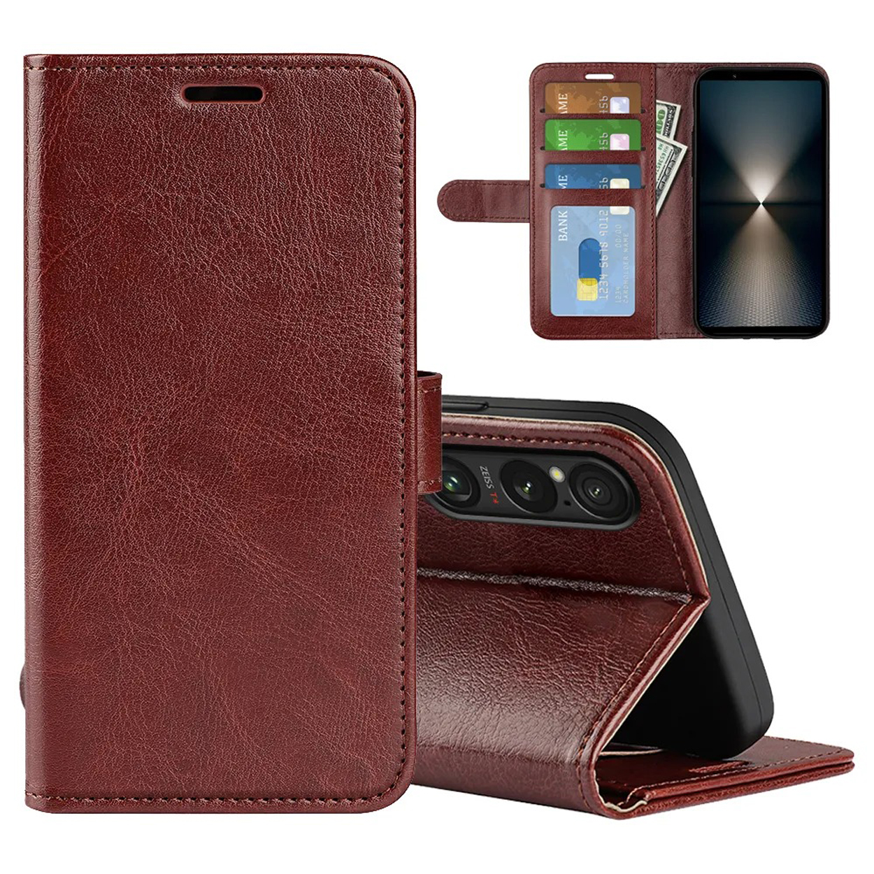 Un étui de téléphone en cuir marron est ouvert et montre un téléphone, des cartes de crédit et de l'argent liquide.