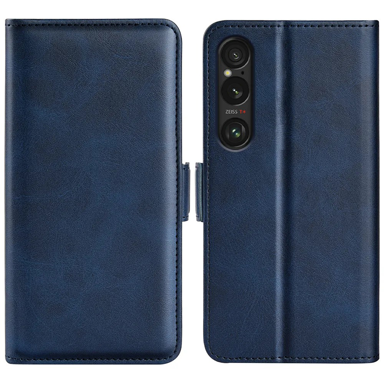 Een blauwe telefoonhoes is open, met een telefoon met een cameramodule en een ledertextuur.