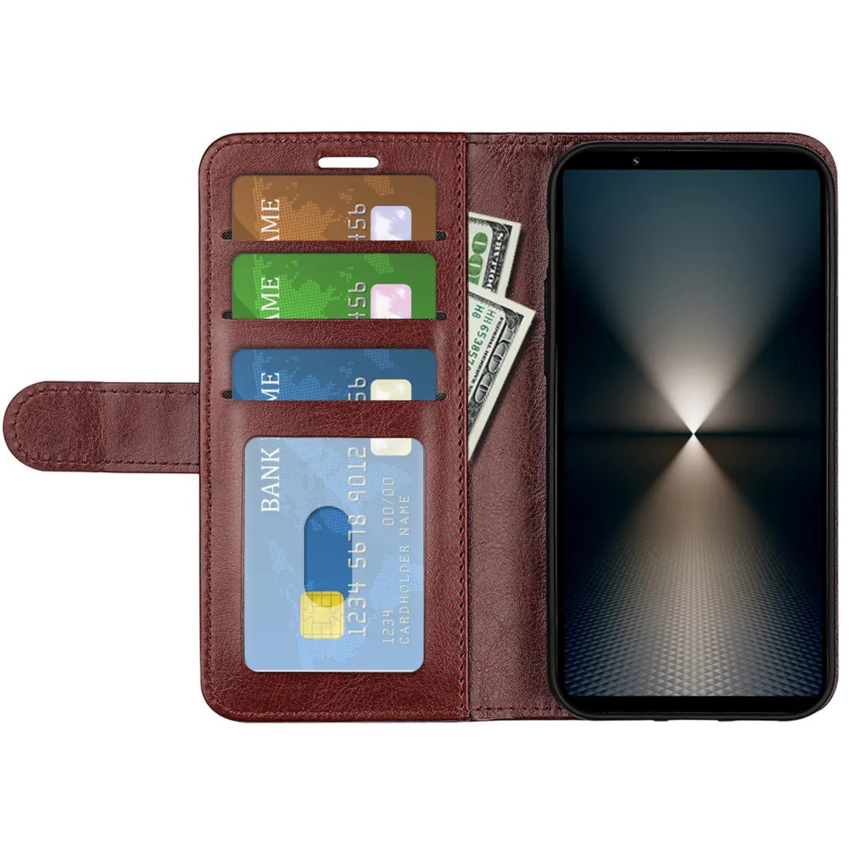 Un étui de téléphone en cuir marron avec un smartphone et des cartes de crédit. L'étui est ouvert.