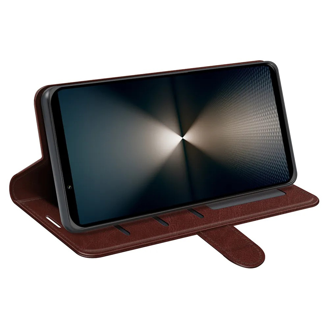 Un étui de téléphone marron est ouvert, affichant un téléphone avec un écran texturé et un centre lumineux.