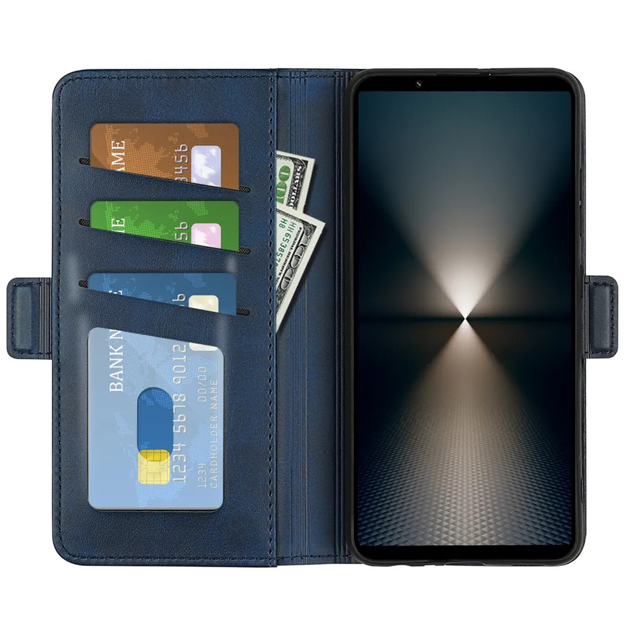 Blauwe telefoonhoes open, met kaarten, geld en een telefoon met een helder scherm.