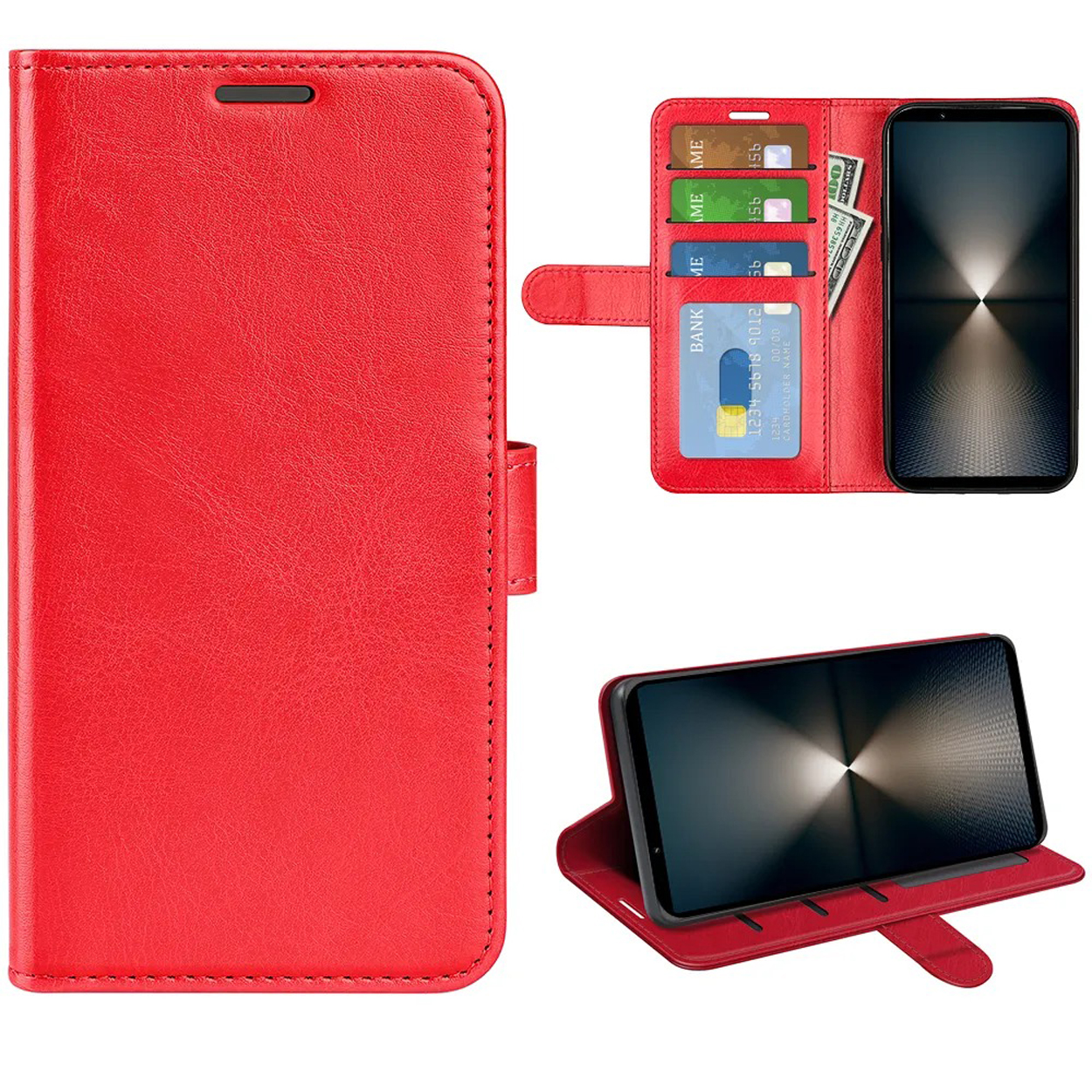 Étui de téléphone rouge ouvert, montrant des cartes, de l'argent et un téléphone avec un écran lumineux. Autre étui ouvert.