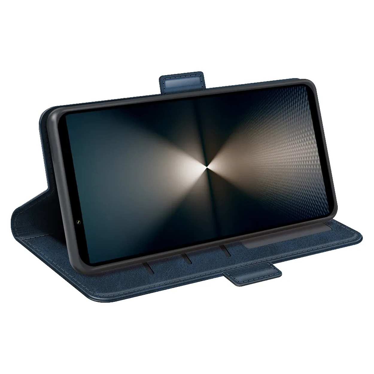 Een blauwe telefoonhoes is open en toont een telefoon met een getextureerd scherm en een helder midden.