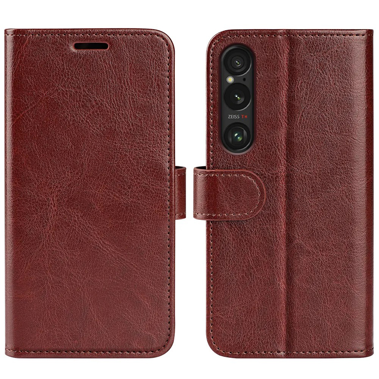 Étui de téléphone marron, fermé et ouvert. Il a une fermeture magnétique.