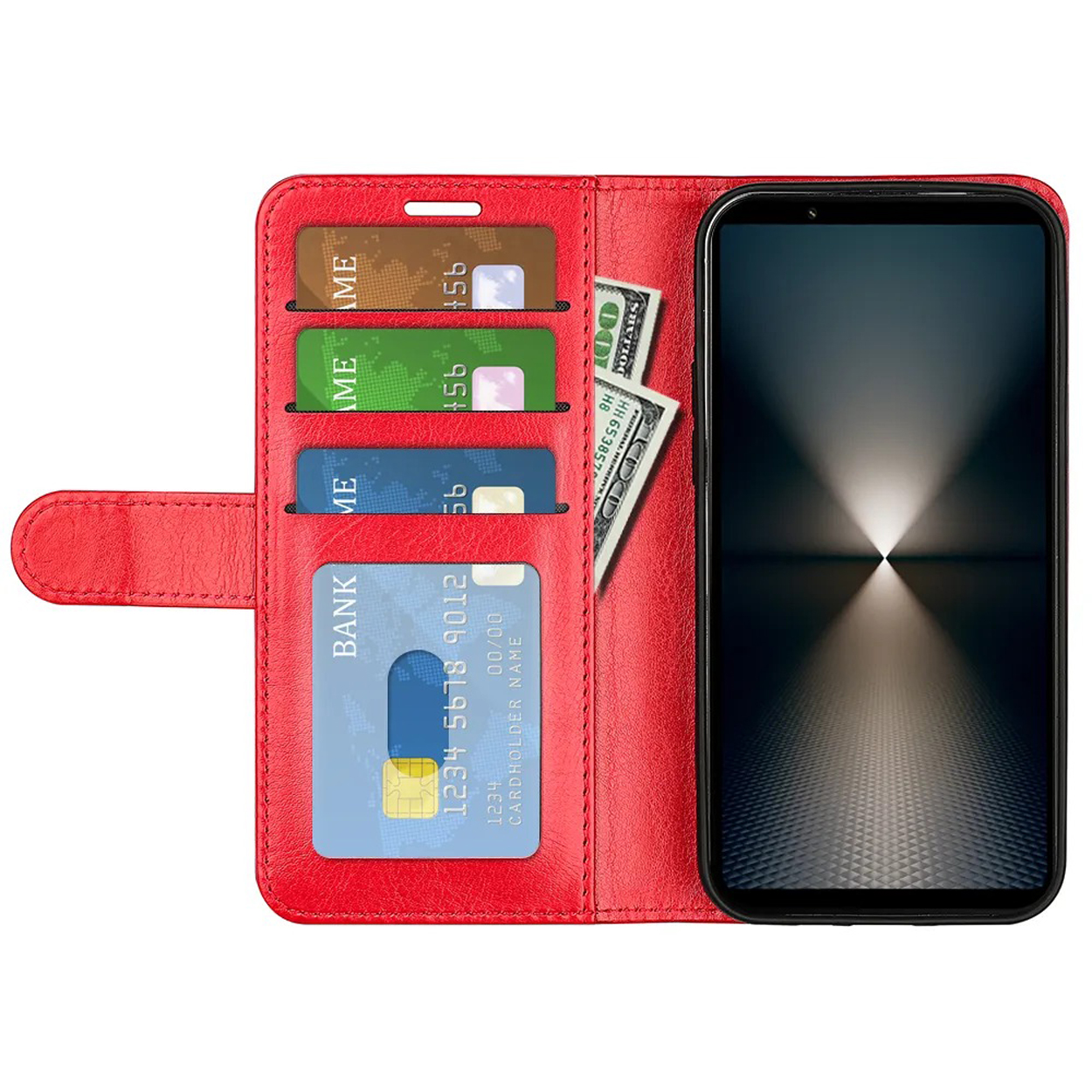 Étui de téléphone rouge avec cartes et argent. Un smartphone est affiché dans l'étui.