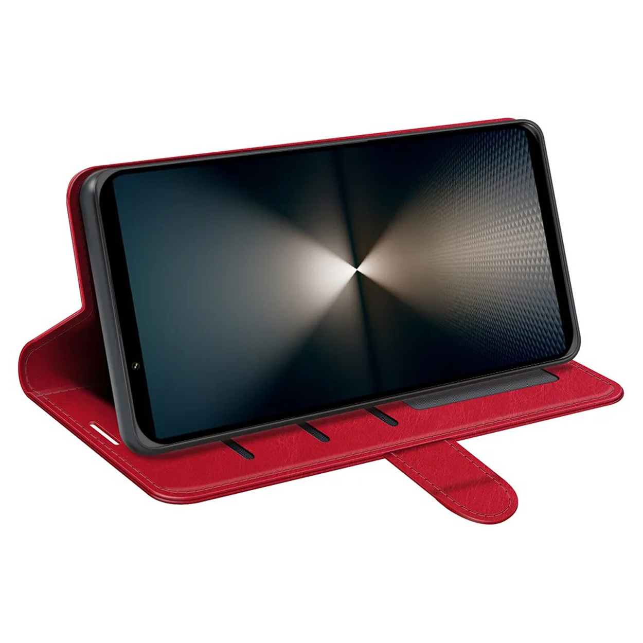 Un étui de téléphone rouge est ouvert, affichant un téléphone avec un écran texturé et un centre lumineux.