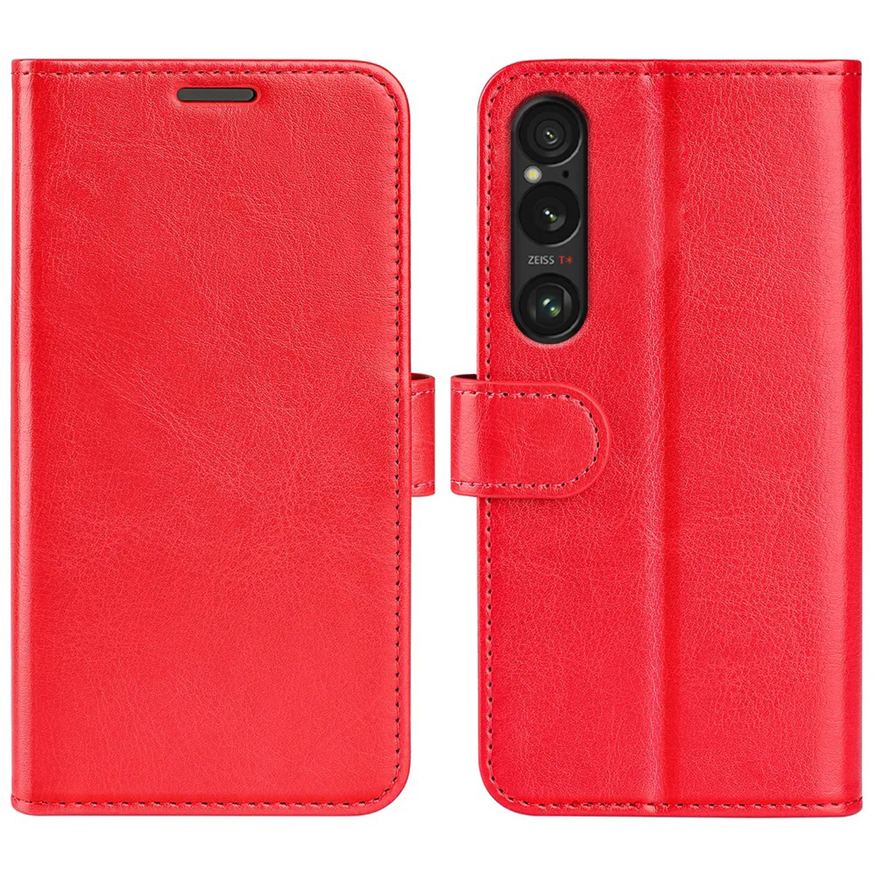 Un étui de téléphone rouge fermé. L'avant et l'arrière sont montrés, avec une fermeture magnétique.