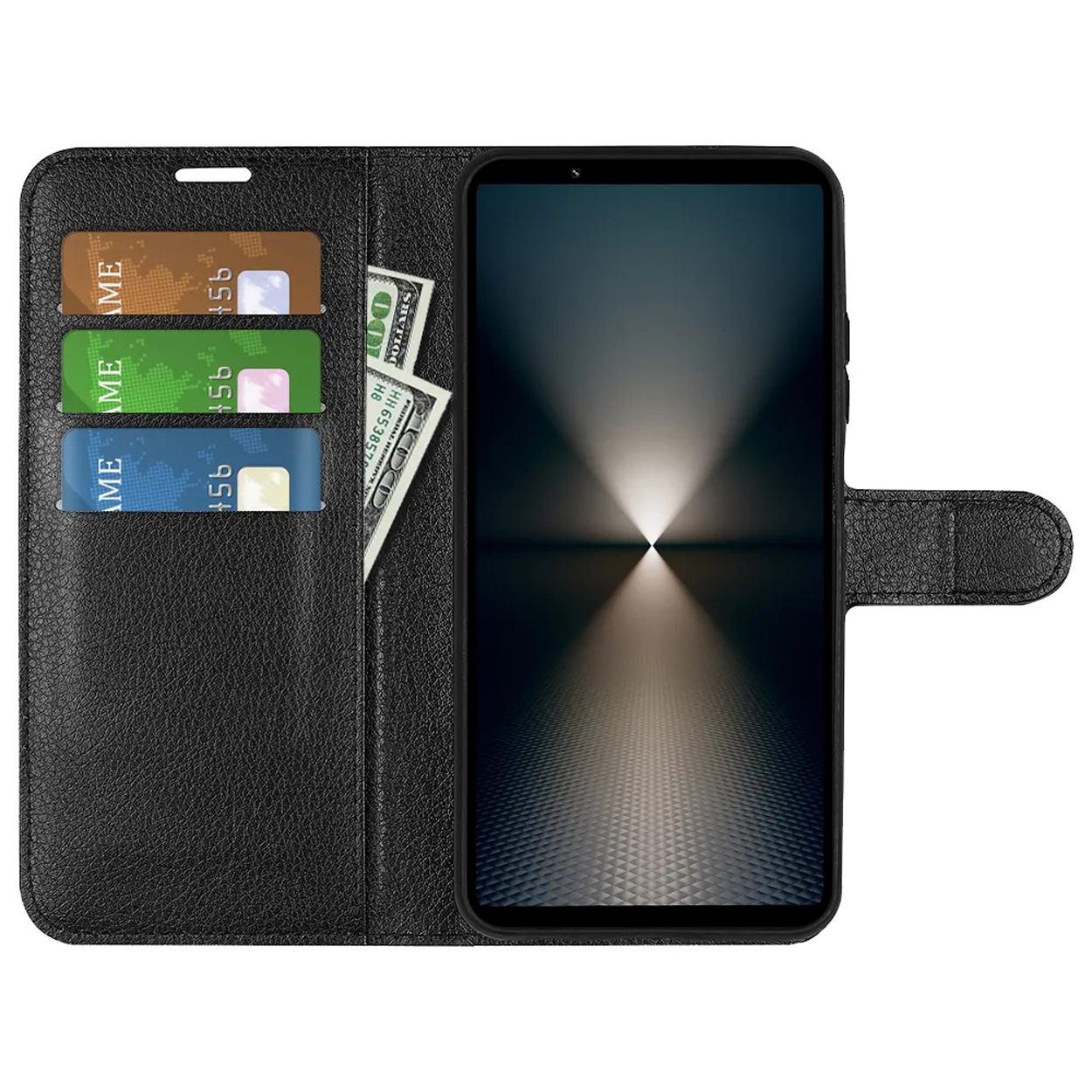 Zwarte telefoonhoes open, met kaarten, geld en een telefoon met een helder scherm.