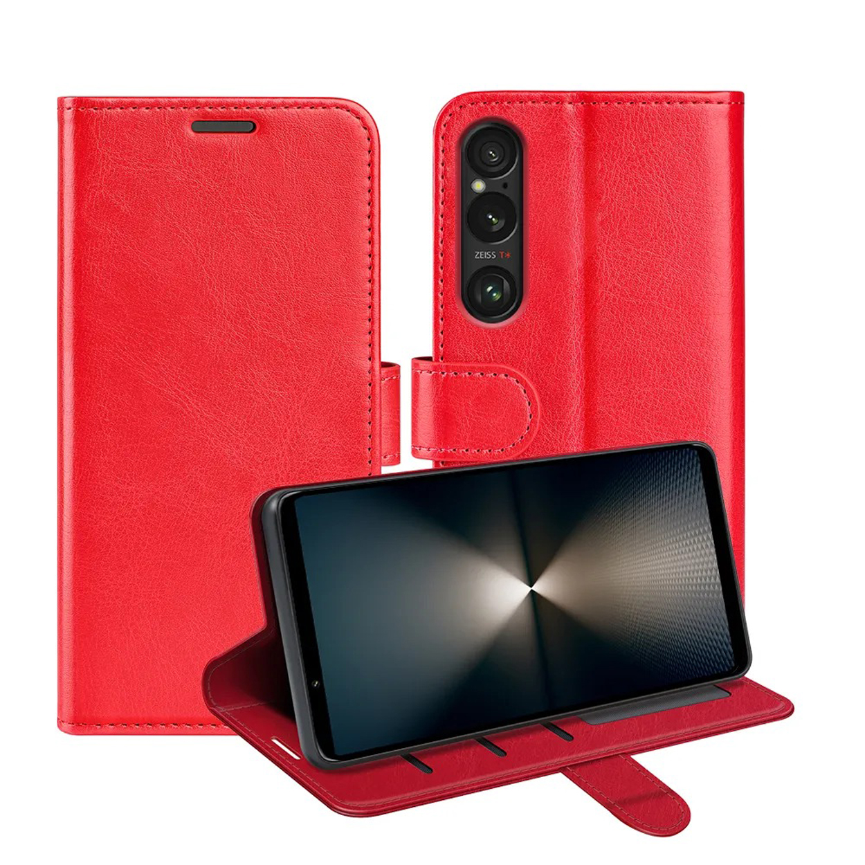Étui de téléphone rouge, ouvert, avec le téléphone à l'intérieur. L'écran du téléphone est visible.