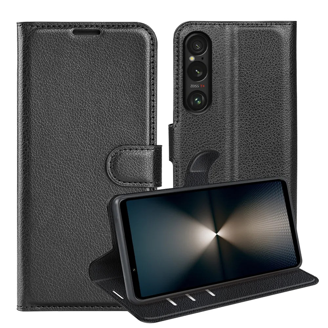 Zwarte telefoonhoes open, met een telefoon met een cameramodule en een ledertextuur.