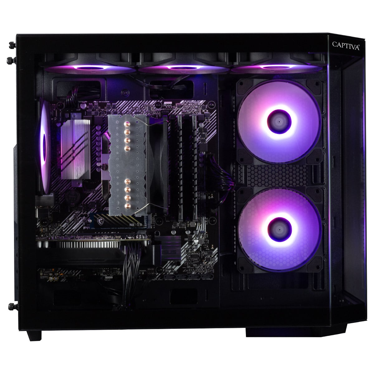 Case per computer nero con componenti interni. Sono visibili ventole con luci viola.