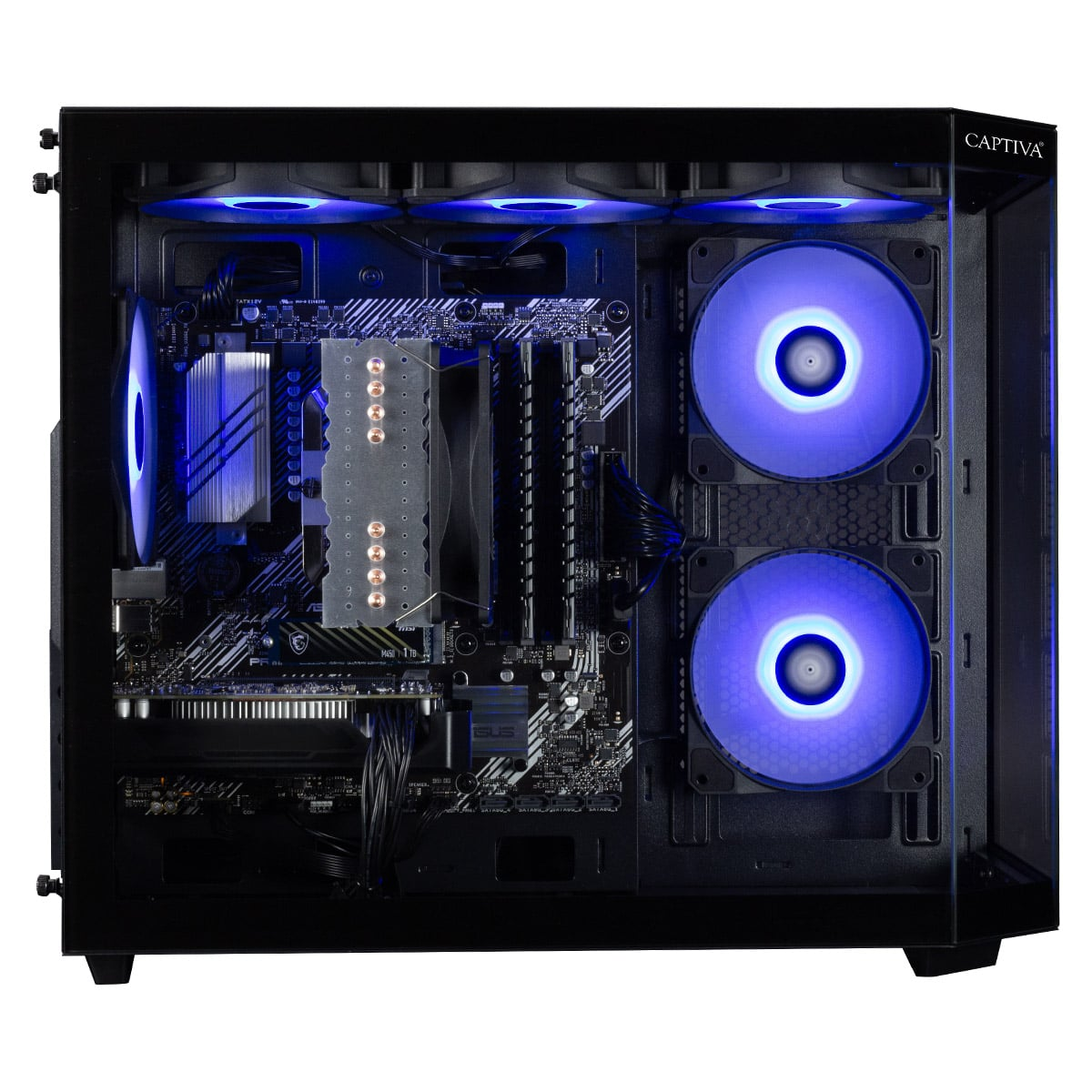 Case per computer nero con componenti interni. Sono visibili ventole con luci blu.
