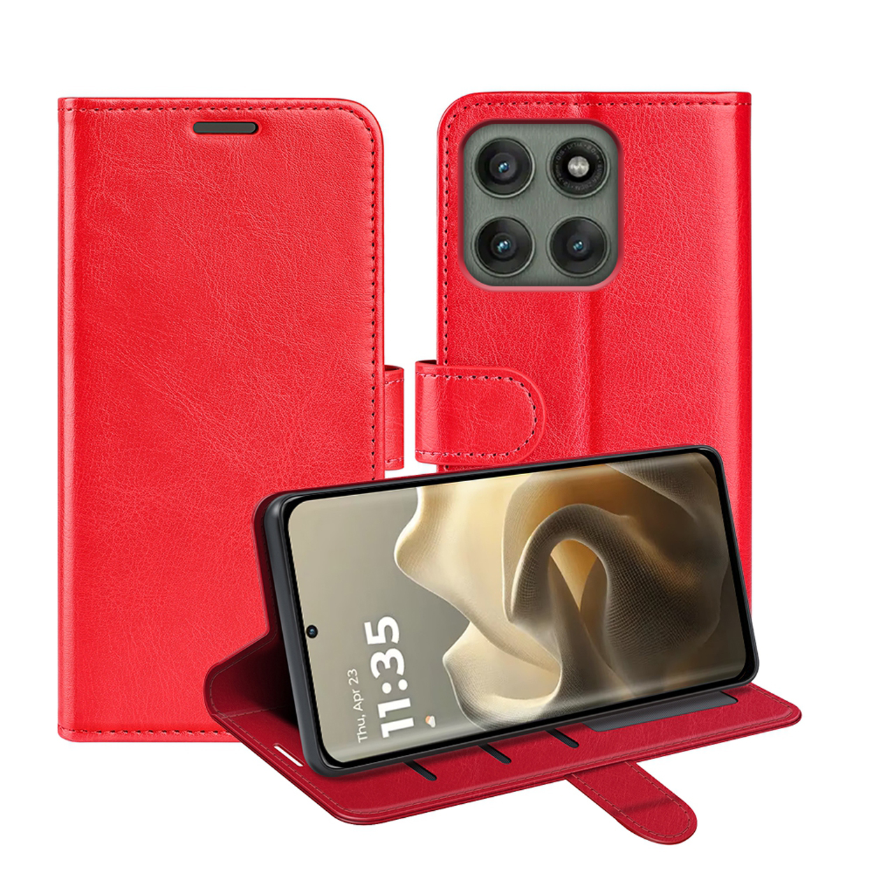 Étui de téléphone rouge avec téléphone à l'intérieur. L'étui est ouvert, montrant l'écran et l'arrière avec des caméras.