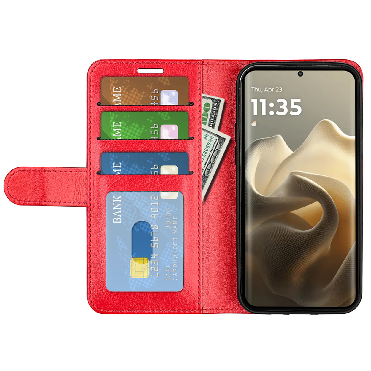 Étui de téléphone rouge ouvert. Le téléphone affiche l'heure. Cartes et espèces sont à l'intérieur de l'étui.