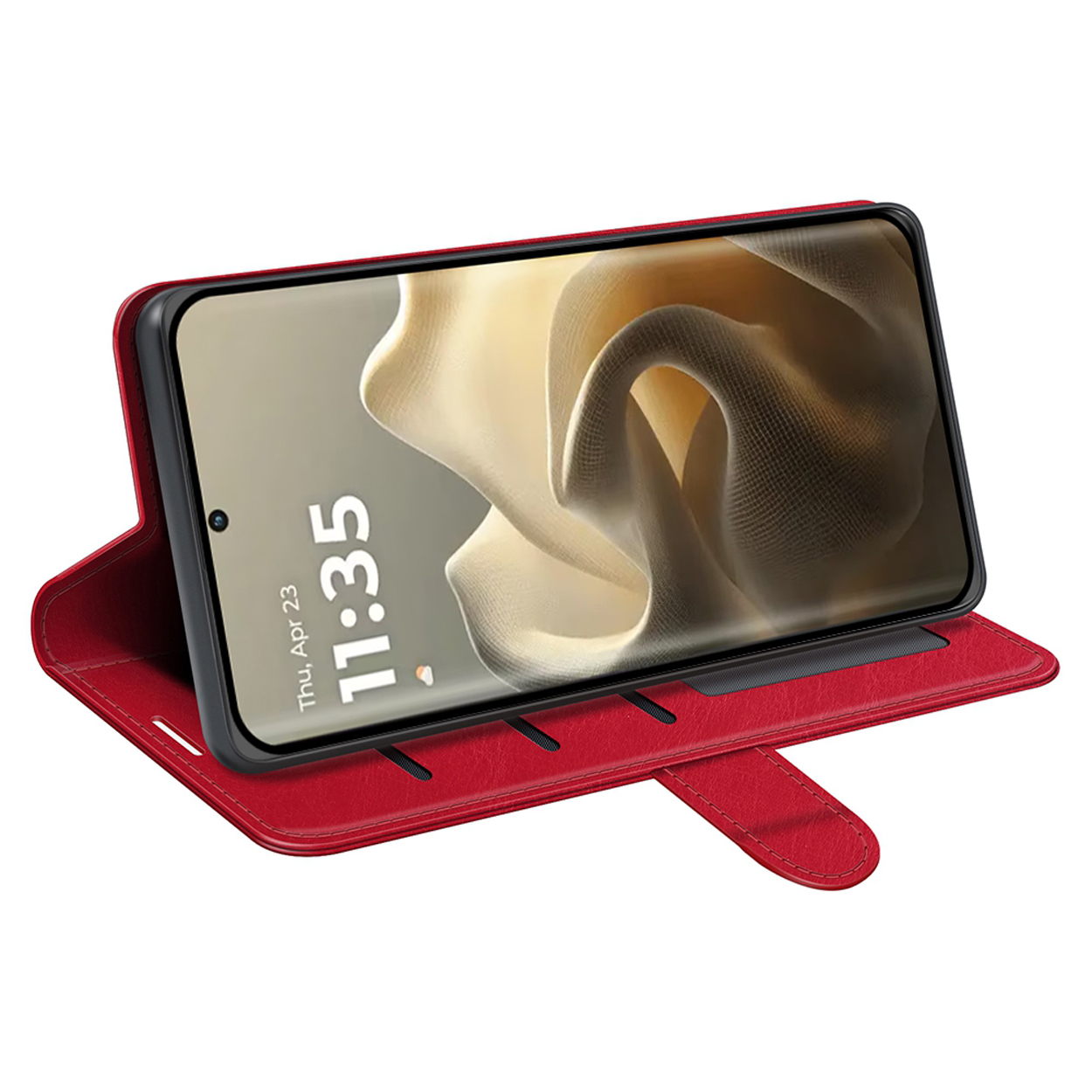Un étui de téléphone avec un téléphone à l'intérieur. L'écran affiche l'heure et un fond flou.