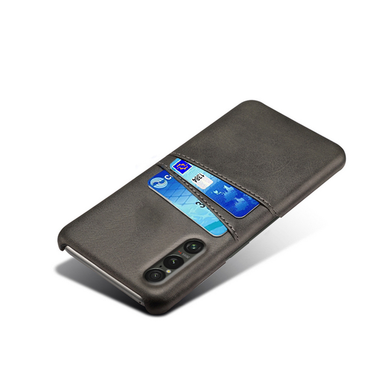 Donkergrijze telefoonhoes met kaartsleuven en een creditcard.