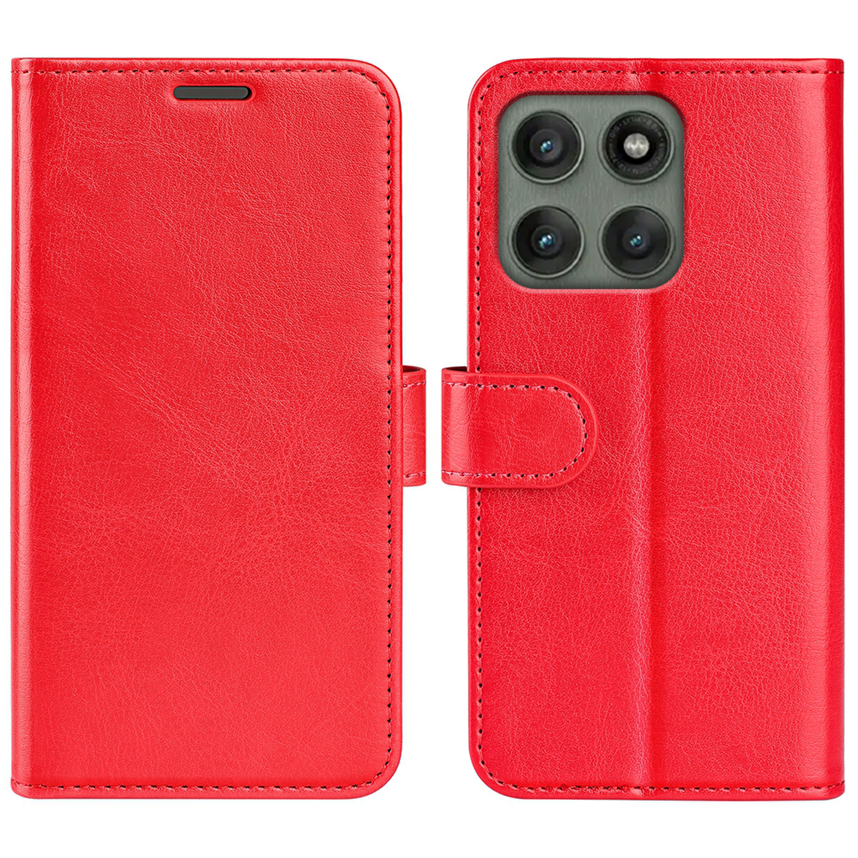 Étui de téléphone rouge, ouvert. Le côté gauche est fermé, le droit affiche l'appareil photo.