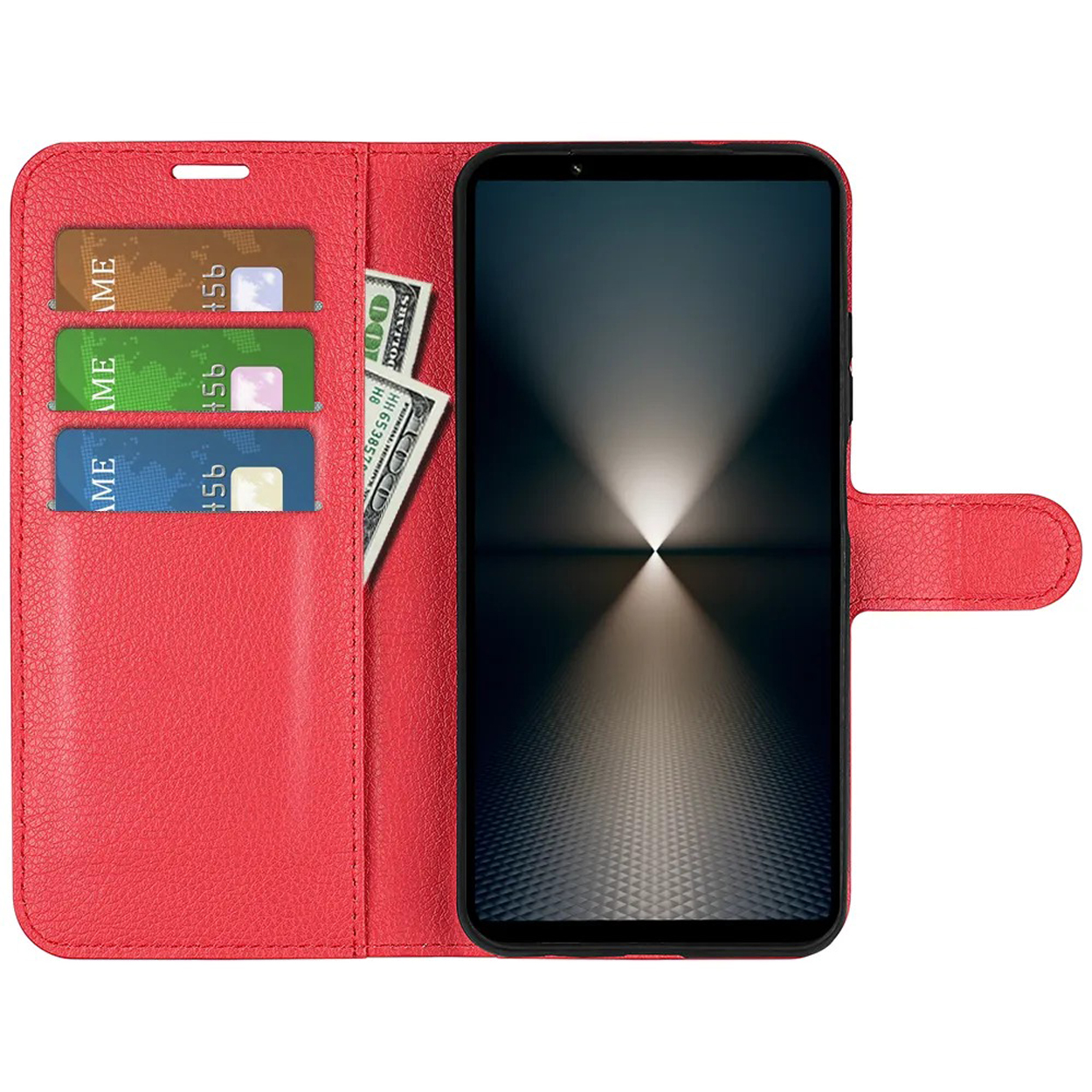 Rode telefoonhoes open, met telefoon erin. Kaarten en geld in zakken aan de linkerkant.