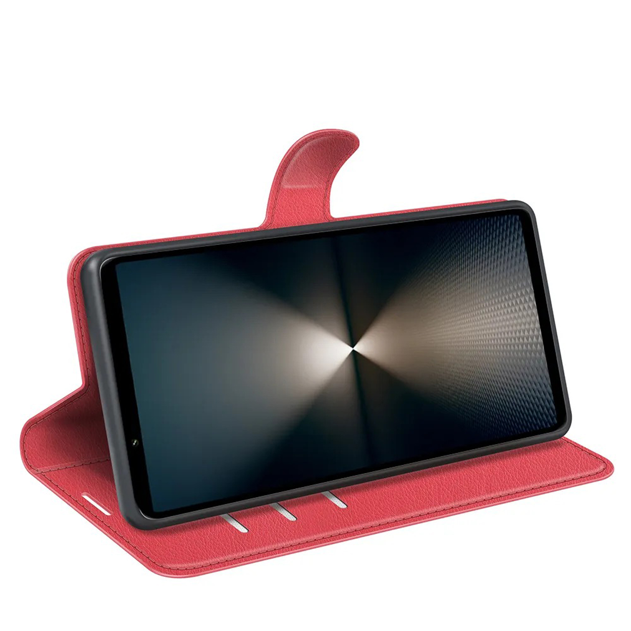 Rode telefoonhoes open, met een zwarte telefoon erin. De telefoon is gekanteld om het scherm te tonen.