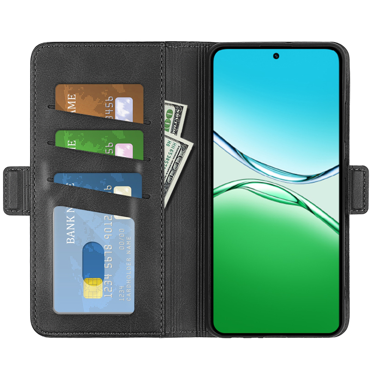 Een zwarte telefoon in een zwarte portefeuillehoes met kaartsleuven en geld. Toont een groen en blauw scherm.