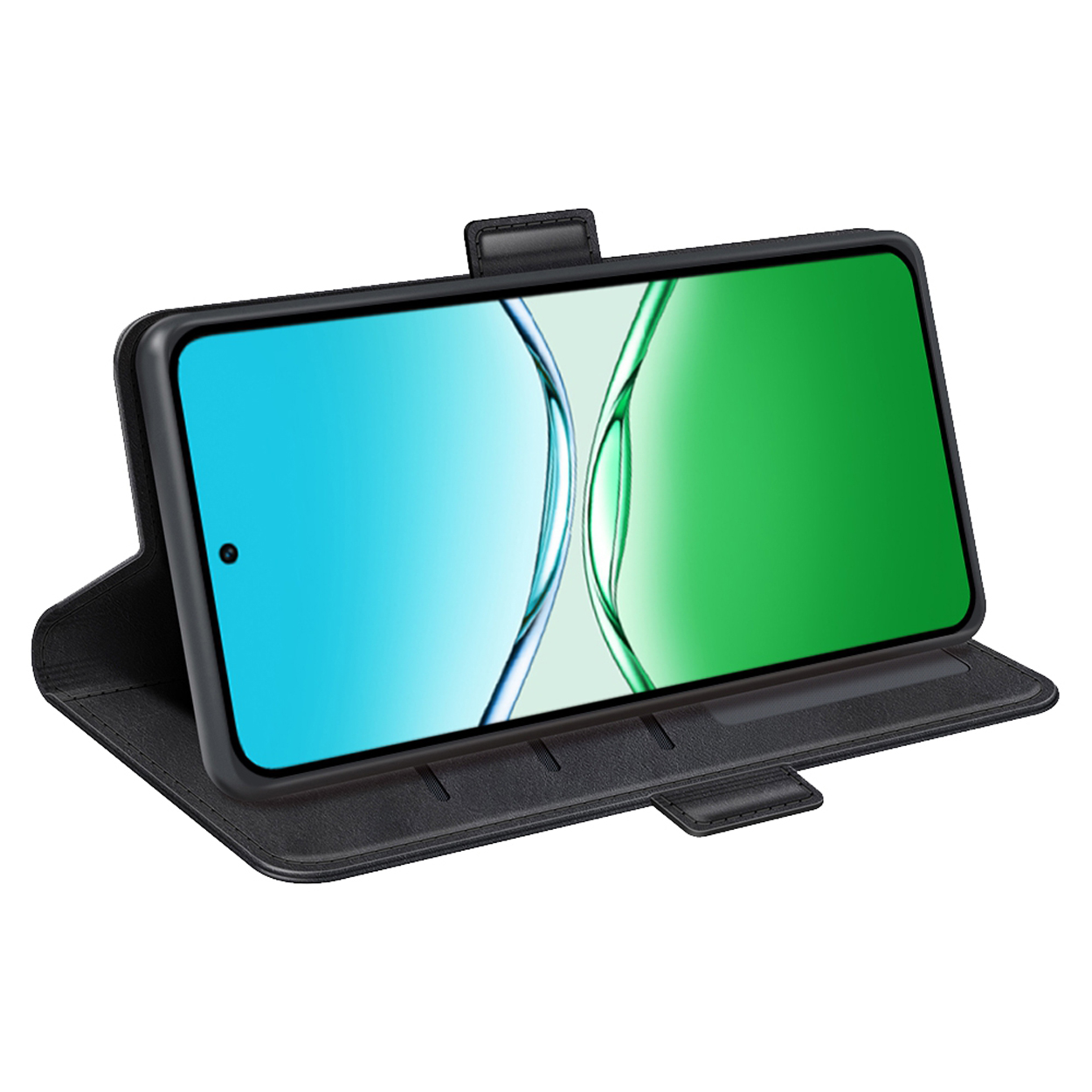 Zwarte telefoon in een zwarte hoes. Het scherm toont een blauw-groene gradiënt.