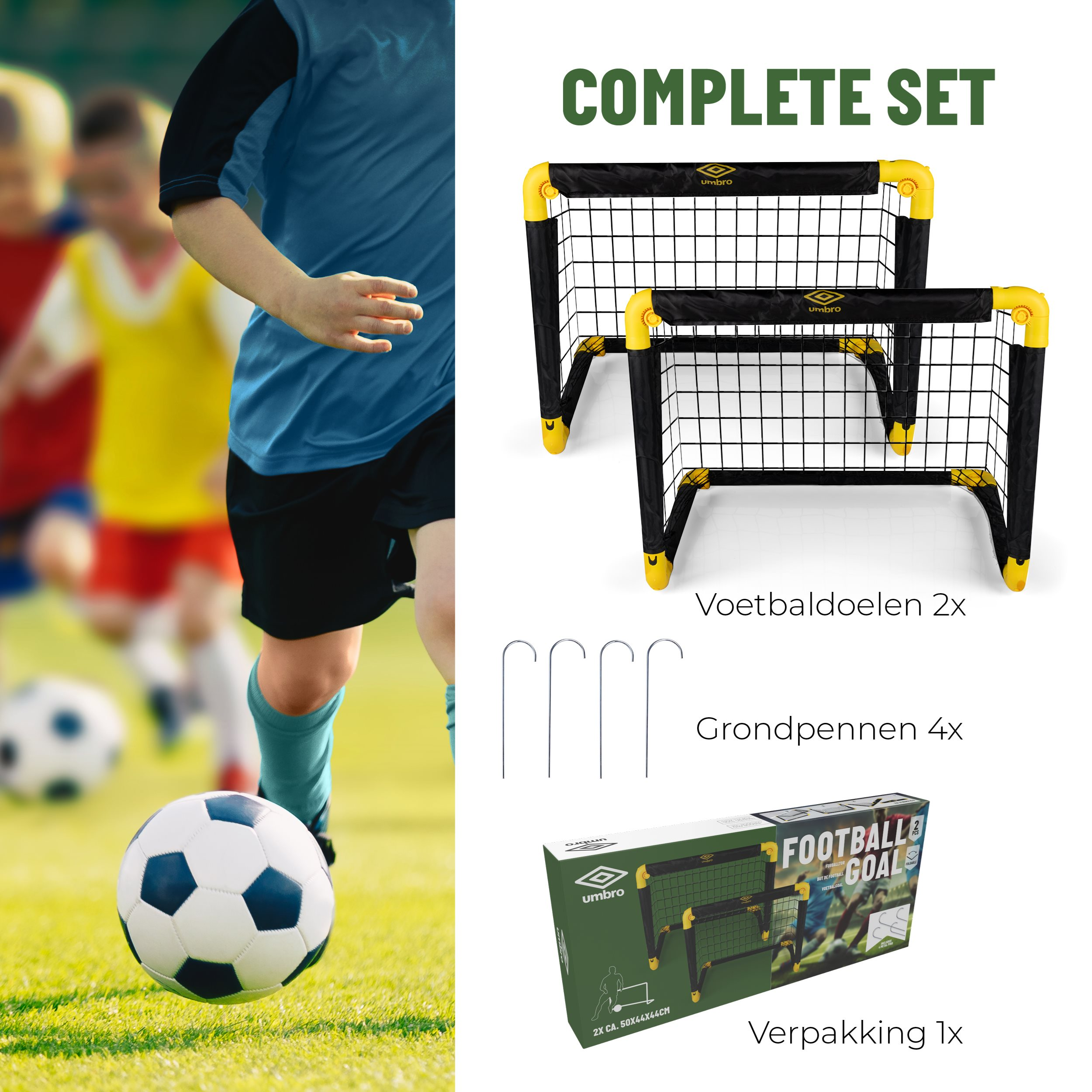 Ein Fußball in der Luft, mit einem rennenden Jungen und einem kompletten Fußballtor-Set im Hintergrund.