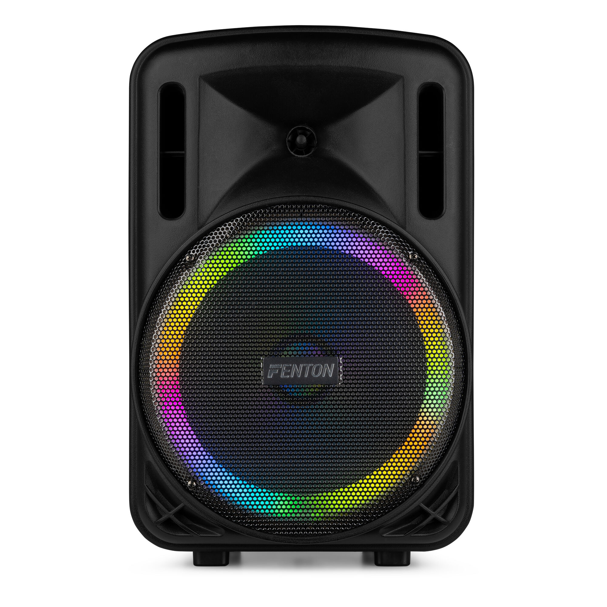 Un altavoz negro con un anillo de luz de color alrededor del altavoz. El altavoz está sobre un fondo blanco.