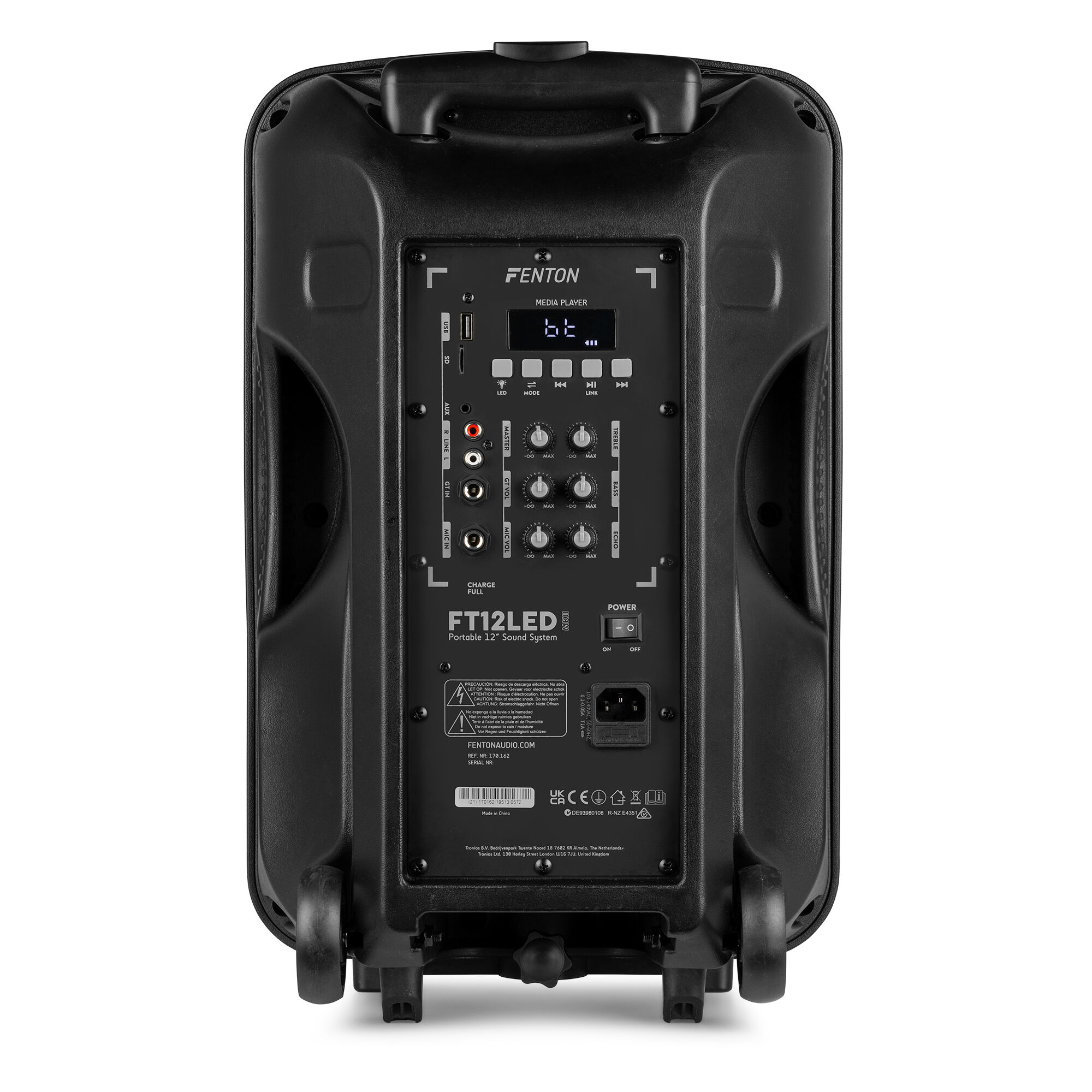 Vista trasera de un altavoz negro con controles y ruedas. El modelo es FT12LED.