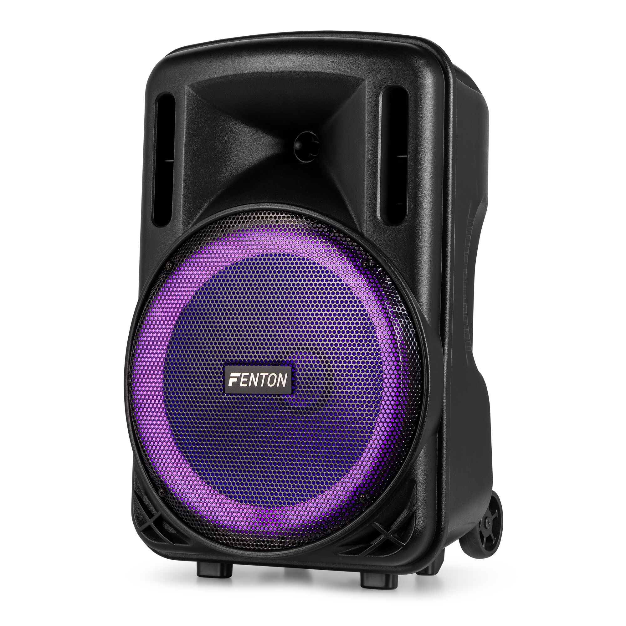 Un altavoz negro con un anillo de luz de color alrededor del altavoz. El altavoz está sobre un fondo blanco.