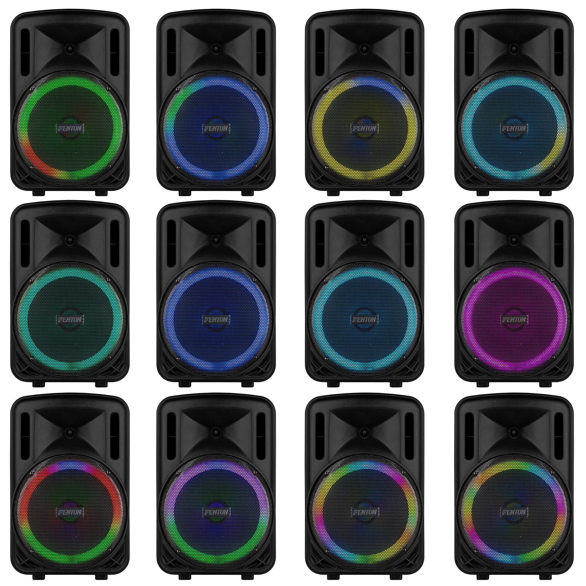 Doce altavoces negros juntos. Cada uno tiene un anillo de luz que cambia de color.