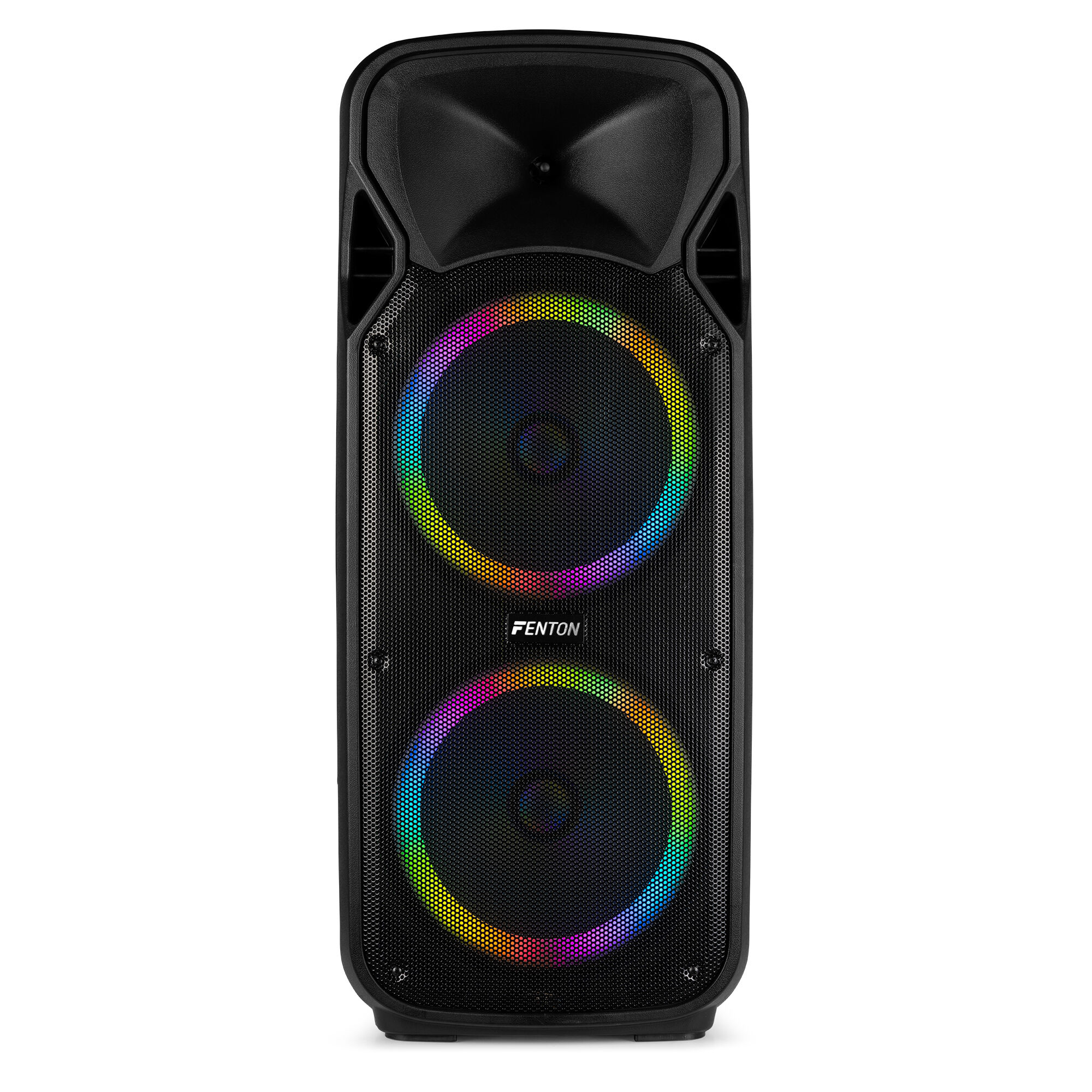 Un altavoz negro con un anillo de luz de color alrededor del altavoz. El altavoz está sobre un fondo blanco.