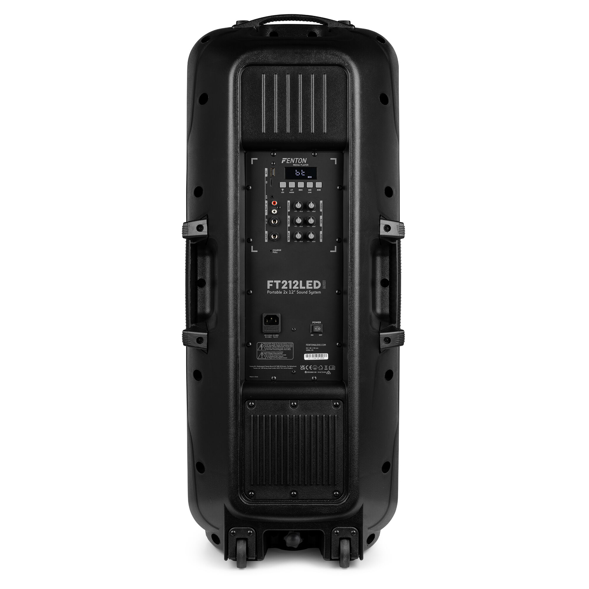 Parte trasera del altavoz negro con controles. El modelo es FT212LED. También se ven ruedas y asa.